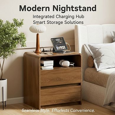 ZUQIETA Modern Nightstand with Hidden Drawers&Charger Station,23.8"Walnut Curved Side Table