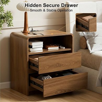 ZUQIETA Modern Nightstand with Hidden Drawers&Charger Station,23.8"Walnut Curved Side Table