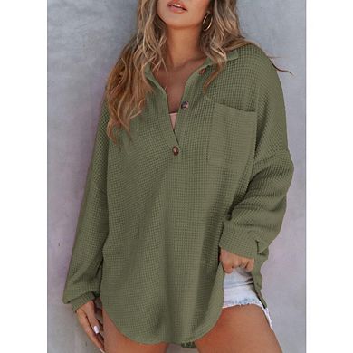 Women Waffle Knit Tops Henley Shirts Long Sleeve V Neck Solid Color Casual Tunic