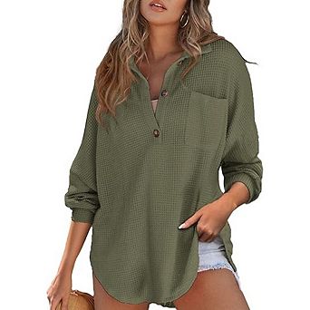 Women Waffle Knit Tops Henley Shirts Long Sleeve V Neck Solid Color Casual Tunic