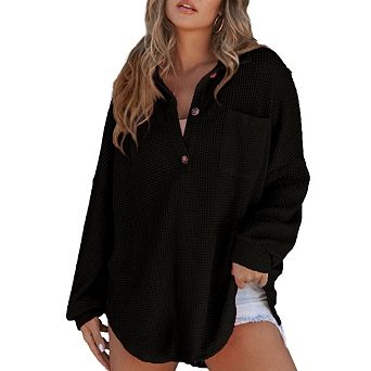 Women Waffle Knit Tops Henley Shirts Long Sleeve V Neck Solid Color Casual Tunic