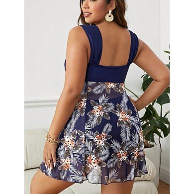Womens Plus 2 Pieces Tankini Set Square Neck Sleeveless Skirted Tops Swim Shorts Beach Pool Swimsuit