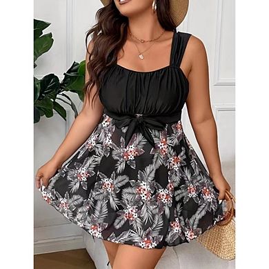 Womens Plus 2 Pieces Tankini Set Square Neck Sleeveless Skirted Tops Swim Shorts Beach Pool Swimsuit