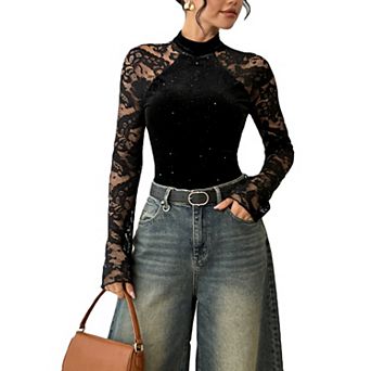 Women's Long Sleeve Lace Bodysuit Turtleneck Sparkle Top Formal Party Leotard Shirt
