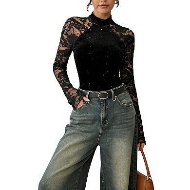 Women's Long Sleeve Lace Bodysuit Turtleneck Sparkle Top Formal Party Leotard Shirt