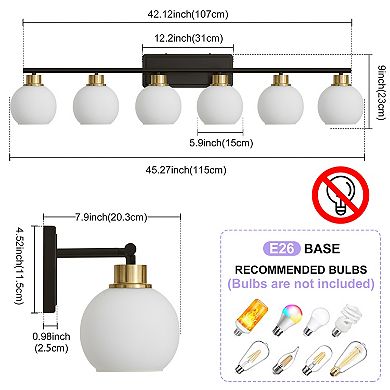 POWLIG 45.27" 6-Light Dimmable Bathroom Vanity Light - Nickel Finish with Milky White Glass Shades