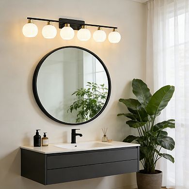 POWLIG 45.27" 6-Light Dimmable Bathroom Vanity Light - Nickel Finish with Milky White Glass Shades