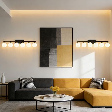 POWLIG 45.27" 6-Light Dimmable Bathroom Vanity Light - Nickel Finish with Milky White Glass Shades