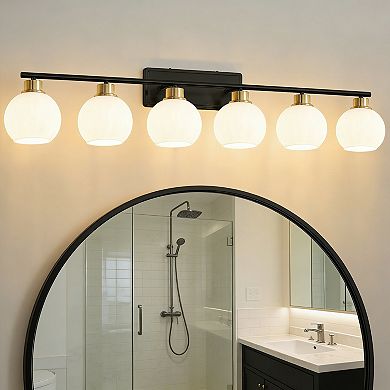 POWLIG 45.27" 6-Light Dimmable Bathroom Vanity Light - Nickel Finish with Milky White Glass Shades