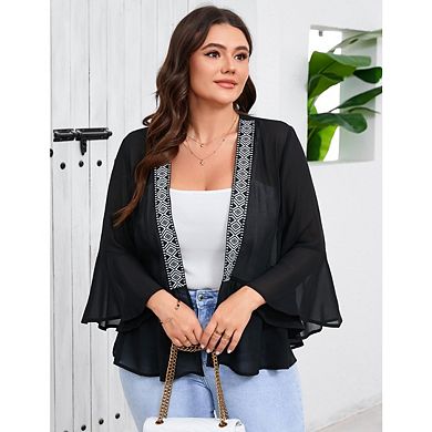 Women's Plus Size Lightweight Cardigan Open Front Cover Up Long Sleeve Ruffles Top