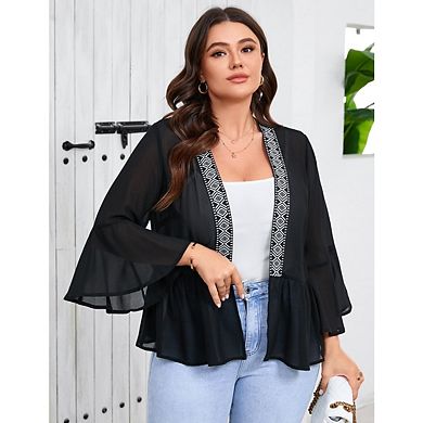 Women's Plus Size Lightweight Cardigan Open Front Cover Up Long Sleeve Ruffles Top