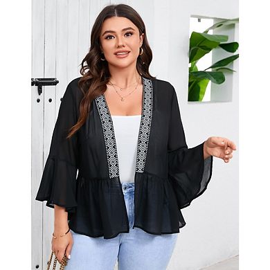 Women's Plus Size Lightweight Cardigan Open Front Cover Up Long Sleeve Ruffles Top