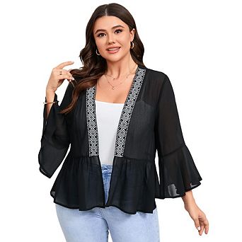 Women's Plus Size Lightweight Cardigan Open Front Cover Up Long Sleeve Ruffles Top