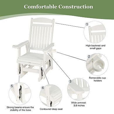 Poly Lumber Patio Glider for One Person, with Cup Holders, High Backrest and Deep Contoured Seat