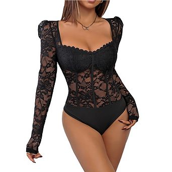 Women Lace Bodysuit Long Sleeve Square Neck Sheer Floral Lace Corset Bodysuit with Snap Closure