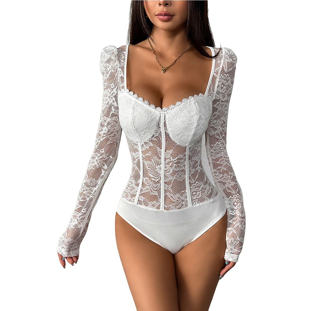 Women Lace Bodysuit Long Sleeve Square Neck Sheer Floral Lace