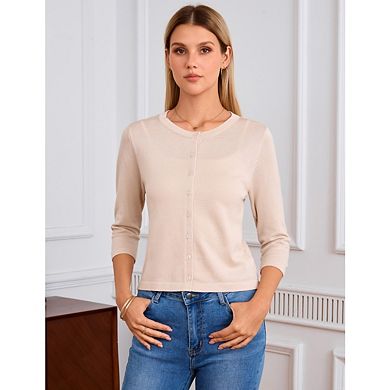 Women's Cropped Cardigan 3/4 Sleeve Crewneck Button Up Sweater Knit Top