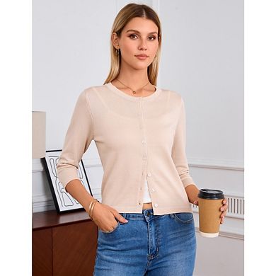 Women's Cropped Cardigan 3/4 Sleeve Crewneck Button Up Sweater Knit Top