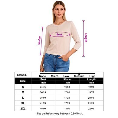 Women's Cropped Cardigan 3/4 Sleeve Crewneck Button Up Sweater Knit Top