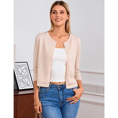 Women's Cropped Cardigan 3/4 Sleeve Crewneck Button Up Sweater Knit Top