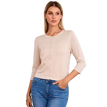 Women's Cropped Cardigan 3/4 Sleeve Crewneck Button Up Sweater Knit Top