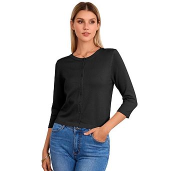 Women's Cropped Cardigan 3/4 Sleeve Crewneck Button Up Sweater Knit Top