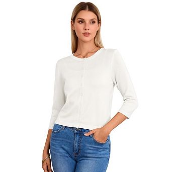 Women's Cropped Cardigan 3/4 Sleeve Crewneck Button Up Sweater Knit Top