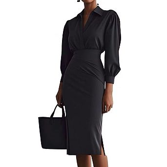 Women's Collared V Neck Long Sleeve Midi Dress High Waisted Pencil Skirt Elegant Office Work Dress