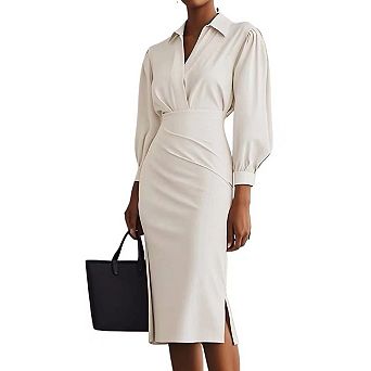 Women's Collared V Neck Long Sleeve Midi Dress High Waisted Pencil Skirt Elegant Office Work Dress