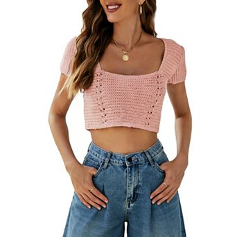 Women's Crochet Short Sleeve Crop Top Square Neck Crisscross Back Blouse Casual Summer Knit Shirt