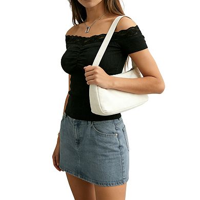 Women's Off Shoulder Lace Trim Ribbed Top Ruched Short Sleeve Slim Fit Blouse