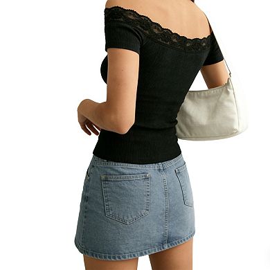 Women's Off Shoulder Lace Trim Ribbed Top Ruched Short Sleeve Slim Fit Blouse