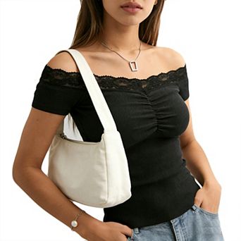 Women's Off Shoulder Lace Trim Ribbed Top Ruched Short Sleeve Slim Fit Blouse