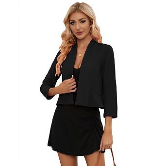 Women’s Cropped Ruffle Hem Blazer Business Casual Open Front Long Sleeve Jacket