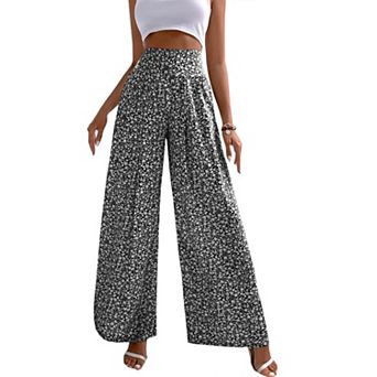 Women's Ditsy Floral Elastic High Waist Wide Leg Long Summer Pants Casual Flowy Straight Trousers