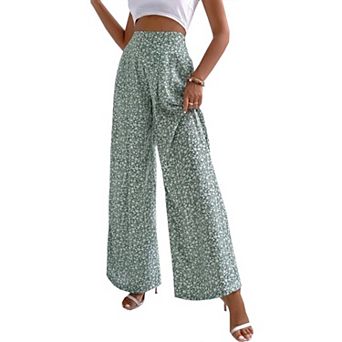 Women's Ditsy Floral Elastic High Waist Wide Leg Long Summer Pants Casual Flowy Straight Trousers