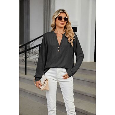 Women V-Neck Striped Long Sleeved Casual T-Shirt Top Blouses Pullover Tops with Buttons