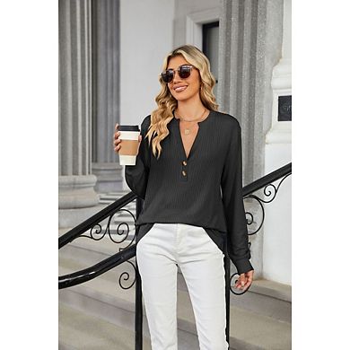 Women V-Neck Striped Long Sleeved Casual T-Shirt Top Blouses Pullover Tops with Buttons