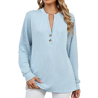 Women V-Neck Striped Long Sleeved Casual T-Shirt Top Blouses Pullover Tops with Buttons