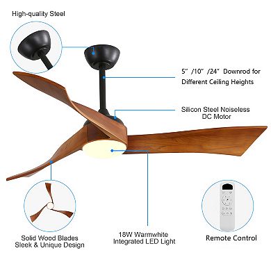 52 in. Ceiling Fan With Dimmable 3 Color Led Light 3 Solid Wood Blades