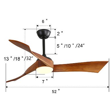 52 in. Ceiling Fan With Dimmable 3 Color Led Light 3 Solid Wood Blades