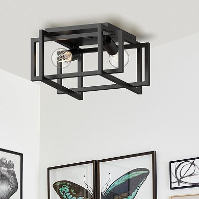 2-Light Industrial Black Rectangle Flush Mount Ceiling Light