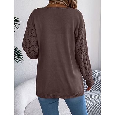 Womens Long Sleeve Button Down Cardigan Lightweight Hollow Knit Sweaters Casual Open Front Outwear
