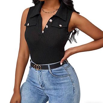 Women's Collared Neck Sleeveless Button Front Rib Knit Top