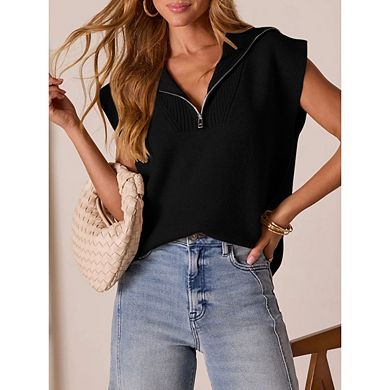 Women's Casual Sleeveless Half Zip Pullover Sweaters V Neck Collar Ribbed Knitted Loose Sweaters