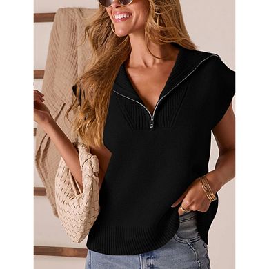 Women's Casual Sleeveless Half Zip Pullover Sweaters V Neck Collar Ribbed Knitted Loose Sweaters