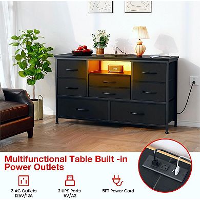8 Drawer Storage Dresser TV Stand with LED Lights and Power Outlets