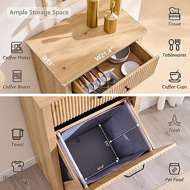 Modern Tilt-Out Trash Can Cabinet, 10 Gallon Fluted Laundry Hamper w/ Drawers, Wooden Hidden Storage