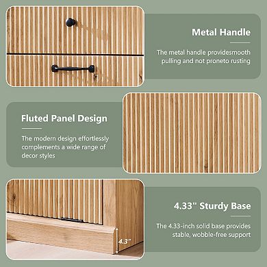 Modern Tilt-Out Trash Can Cabinet, 10 Gallon Fluted Laundry Hamper w/ Drawers, Wooden Hidden Storage