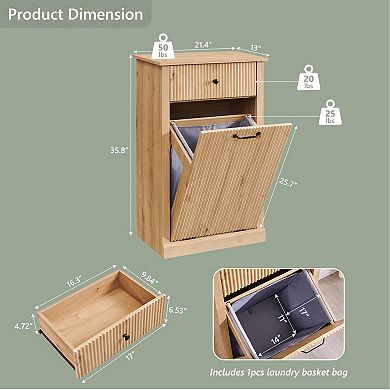 Modern Tilt-Out Trash Can Cabinet, 10 Gallon Fluted Laundry Hamper w/ Drawers, Wooden Hidden Storage